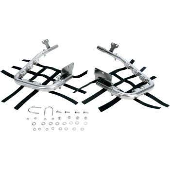 Pair of natural black steel nerf bars with mounting brackets and hardware for Suzuki LT250R quadsport, including black.