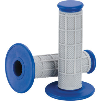 Two Qualifier Grips Half Waffle Blue by Moose Offroad, featuring dual-compound gray and blue design with textured grid surfaces—one upright, one horizontal—are optimized for twist throttle vehicles, providing a firm grip for enhanced control.