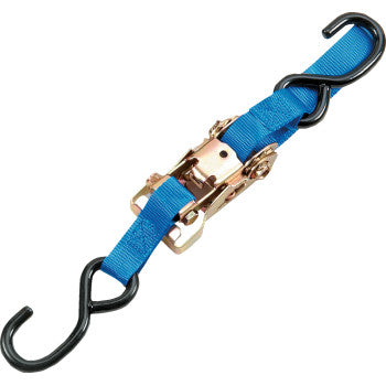 The Heavy Duty Ratchet Tie Down 1-1/2 x 6 Blue by Parts Unlimited features strong webbing, black S-hooks at both ends, and a central metal ratchet for securing cargo safely and reliably.