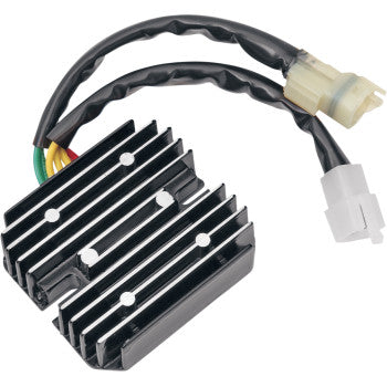 Black rectangular aluminum heat sink regulator with cooling fins and attached wiring harness with white connectors.