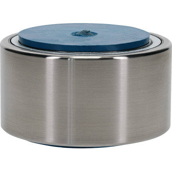 The Wheel Bearing Kit Tapered Double Angular Contact Rear by Moose Offroad is a cylindrical metal component with a brushed silver finish, flat blue top, central raised point, and high-contact double-lip seals for added durability.
