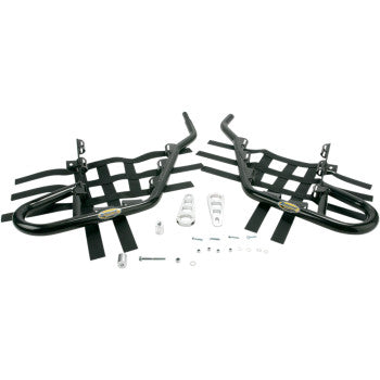 The Nerf Bar DS 650 Black by Motorsport Products, featuring black aluminum bars, black webbing straps, EZ-fit clamp brackets, and assorted hardware, is displayed on a white background.