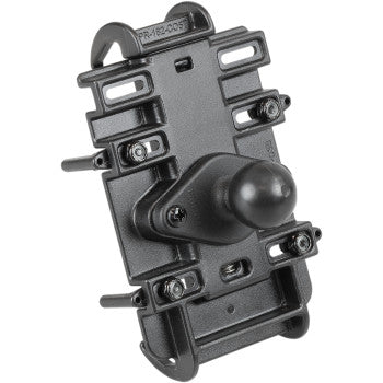 Black plastic phone holder with adjustable side clamps and a central mounting ball attachment.