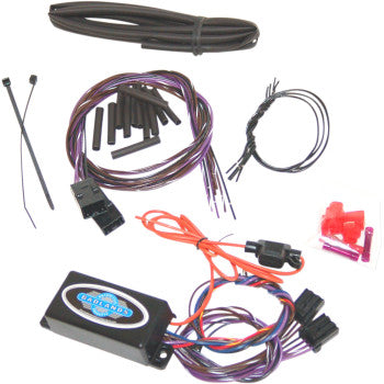 The Sequential Module - Universal by Badlands is displayed on a white background with colored wires, connectors, zip ties, heat shrink tubes, a load equalizer, and a black control box for LED turn signals.