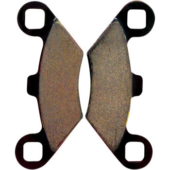 Pair of black metal off-road brake pads with sintered friction surface and mounting loops.