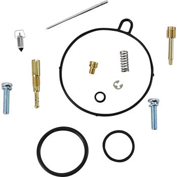 The Can Am Carburetor Repair Kit by Moose Offroad includes assorted small parts such as screws, springs, NBR rubber O-rings, a needle, and brass fittings, all arranged on a white background.