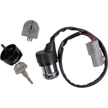 Black and silver ignition switch with key and wiring harness for CF Moto UTVs.