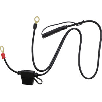 The Ridepower SAE to Ring Terminal Cable Charger 2' is a black cable with ring terminals, a fuse holder, and an SAE connector plug for easy vehicle battery charging or maintenance.
