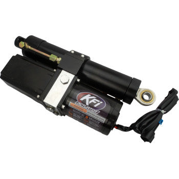 The UTV Replacement Plow Actuator Hydraulic by Kfi Products is a black 12V actuator with a metal bracket, wiring harness, and branded motor housing. It has a rod with a circular mounting eye, ideal for Kfi UTV Tubes.