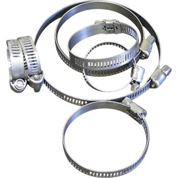 Four Helix Hose Clamps Worm Drive (10–27 mm) are arranged overlapping on a white background. Each metal clamp has a slim, slotted band and screw mechanism for secure tightening. Pack includes 10 clamps.