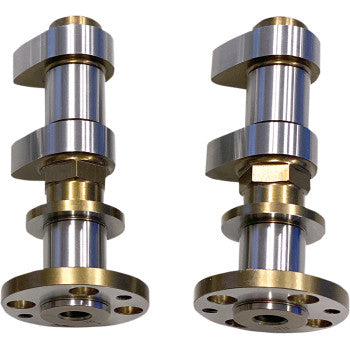 Two metallic Performance Cam by Andrews camshafts, featuring polished silver and brass-colored components, stand upright on a white background. Each street cam displays lobes and circular flange mounts at the base.