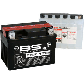 The Battery BTZ5S BS BTX4L BS (YTZ YTX) by Bs Battery is shown in black with white labeling and warning symbols, in front of a clear acid pack with black caps, offering maintenance-free reliable power for motorcycles.