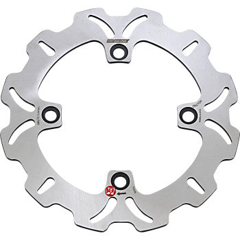 Silver metallic circular brake rotor with wave-patterned edges and four mounting holes.