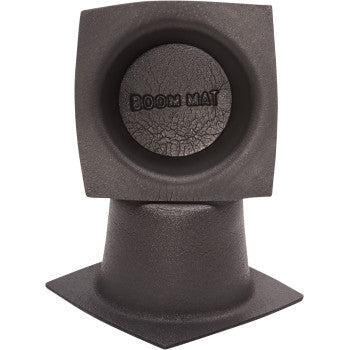 The Speaker Baffles 6 1/2" Round by Dei is a black, textured, funnel-shaped closed cell polyethylene accessory embossed with BOOM MAT, designed to dampen speaker vibrations with its wide base and recessed top.