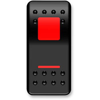 Black rectangular rocker switch with a red rectangular toggle and raised grip dots.