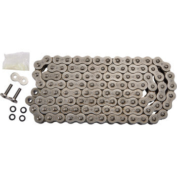 The 530 X1R Heavy Duty Drive Chain 106 Links by JT Chains is displayed flat, with two pins, washers, and a small plastic bag arranged beside it on a white background.
