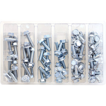 Clear plastic organizer box with six compartments, each holding various sizes of shiny silver metal flange bolts with.