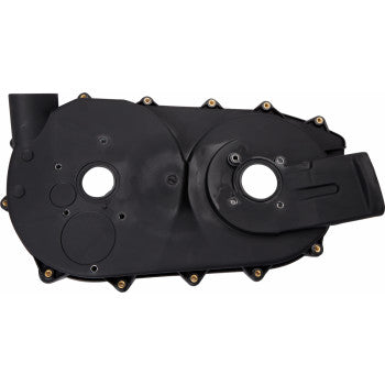 Black molded clutch cover with multiple mounting holes and smooth finish for Can Am UTVs.