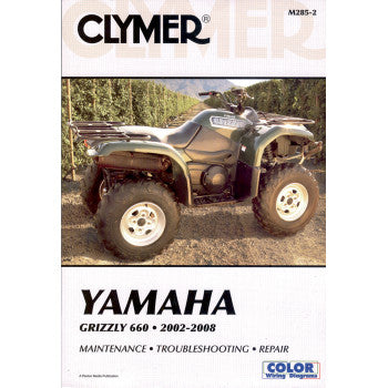 Cover of the Yamaha Grizzly 660 Manual by Clymer for 2002–2008 ATVs, featuring an outdoor photo. Includes maintenance, troubleshooting, repair and restoration tips, plus color wiring diagrams.