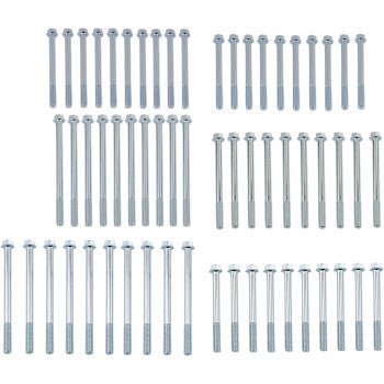Rows of Bolt Assortment Flange by Bolt, ideal for motorcycle assortments, arranged neatly by size on a white background, each row displaying bolts of uniform length and design.