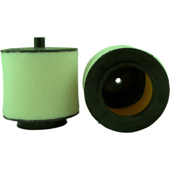 Two Honda Pre Oiled Air Filters by No Toil, featuring cylindrical foam with black rubber ends—one upright and one on its side to display the hollow center and inner structure—engineered for enhanced airflow and superior foam strength.