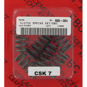 A package labeled Clutch Springs by EBC contains six stiffer-than-stock springs, arranged in a clear plastic case with a red background. The part number CSK 7 appears on the package.