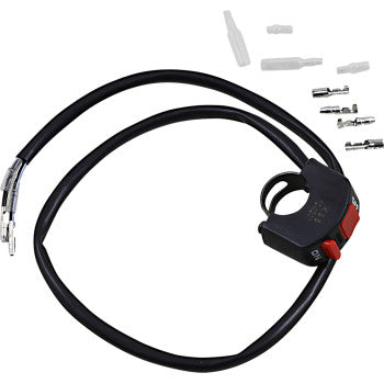 A Universal On Off Switch 7/8" by K&S Technologies with a black handlebar design, wiring harness, two-pin connector, metal connectors, and plastic covers is displayed on a white background.