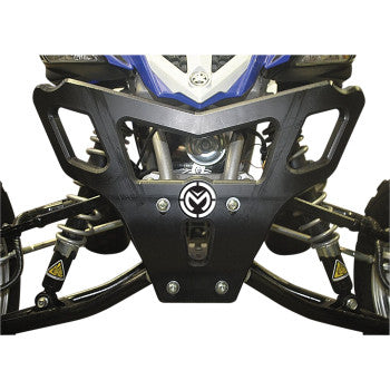 Close-up of the Front Bumper Yamaha Raptor by Moose Offroad, showing a black HDPE protective guard with a central white logo for added ATV protection.
