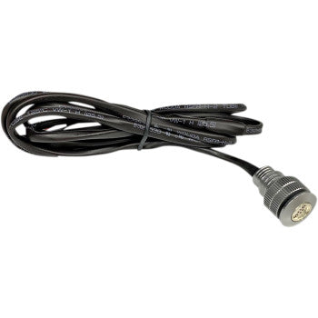 A black coaxial cable with a metallic connector, coiled and twist-tied—perfect for wiring the Boltz Lighting Polished Trim Amber White LED by Custom Dynamics or other running light applications.