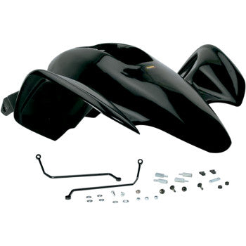 The Front Fender Black by Maier features glossy black vacuum-formed bodywork with two side wings, displayed alongside mounting hardware and brackets on a white background.