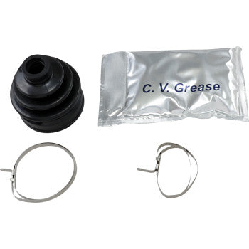 The CV Boot Kit Front & Rear Inner Outer by All Balls includes a black, abrasion-resistant rubber boot, a silver “C. V. Grease” packet, and stainless steel clamps—displayed on a white background.
