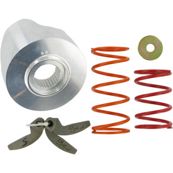 The Clutch Kit by Epi features a silver metallic cylinder, two orange springs, a green washer, and two small metal levers with white rods—perfect for boosting acceleration on your next trail ride.