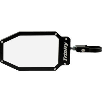 The Apex Side View Mirror Rectangle Black by Trinity Racing is a rectangular off-road mirror with a black frame, mounting bracket, breakaway design, and white TMW logo on the side.