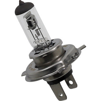 The Halogen Bulb H4/100 55W by Peak Lighting is a clear quartz headlight bulb with a metal base and two prongs, designed for automotive use and built to OE specifications.