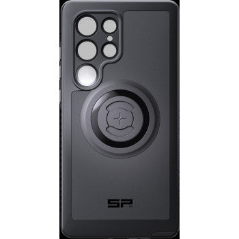 The Xtreme SPC+ Case S23 Ultra by Sp Connect is a black case with multiple camera cutouts, a central circular MagSafe-compatible mounting ring, and the SP logo near the bottom for a sleek, secure fit.