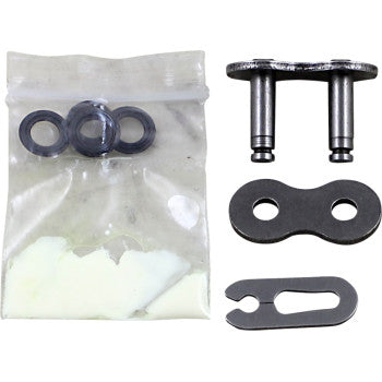 The X1R3 520 Clip Connecting Link by JT Chains includes O-rings, a link plate with pins, a solid plate, and clip—essential motorcycle chain parts—arranged on a white background.