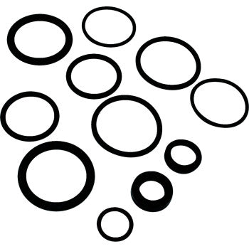 The Shock Service Kit by Hygear Suspension features black rubber seals and O-rings in multiple sizes, ideal for shock maintenance or OEM replacement, all neatly displayed on a white background.