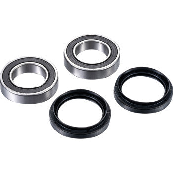 The Yamaha Rhino Wheel Bearing Kit Rear by Factory Links includes two waterproof ball bearings and two black circular seals, arranged side by side on a white background—ideal for off-road use.