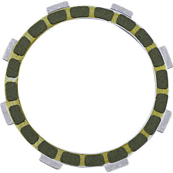 The Clutch Friction Plate by Barnett is a round, heavy-duty steel plate with green aramid pads and silver tabs evenly spaced around the edge, shown from above on a white background.