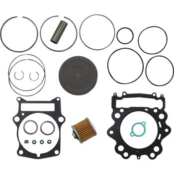 The Yamaha Top End Kit 102.00 mm by Wsm includes engine gaskets, seal components, O-rings, circular seals, a cylindrical filter, and metal rings for 4-stroke engines, all displayed on a white background.