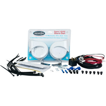 The Electric Horn by Rivco Products is a super loud 118 dB set with two round white horns, wiring, connectors, zip ties, relay, and mounting hardware for 12V–48V systems—all shown on a white background.