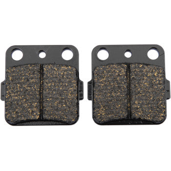 Pair of rectangular black brake pads with textured brown friction surface and three mounting holes each.