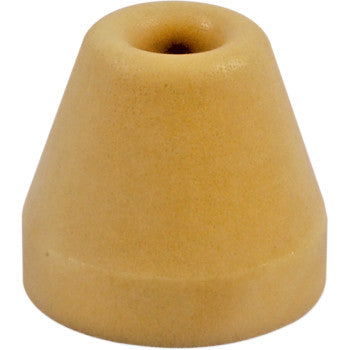 The KYB Shock Bottom Out Bumpers by Race Tech (14 mm x 49 mm x 44 mm) are tan, cone-shaped rubber bumpers with a flat base and top hole, designed as protective stoppers or cushions to prevent suspension damage.