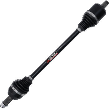 Black heavy-duty front left axle with rubber boots and metal shafts for Can Am Defender vehicles.