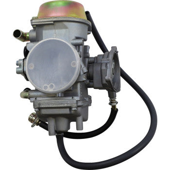 Metallic silver Can Am replacement carburetor with brass fittings and attached black rubber hose.