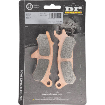 The Kawasaki Sintered Brake Pads Ridge Ranch Front Left by DP Brakes are shown on a black and grey branded backing, labeled Made in England, and designed for motorcycles, ATVs, or similar vehicles.