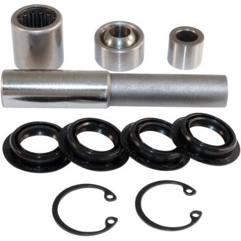 The A-Arm Repair Kit Front Upper by Epi includes metal bearings, bushings, a cylindrical shaft, four black seals, and two retaining clips—ideal components for an A-Arm Pivot Assembly.