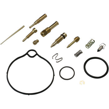 Carburetor repair kit with brass jets, springs, rubber gaskets, and small metal clips arranged on white background.
