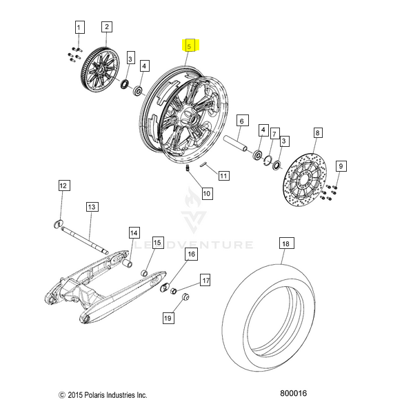 Exploded diagram of the Rear Wheel Assembly, Cast, Flat Black Machined [Incl. 3-7,10,11] by Polaris shows all components; part number 5 is highlighted in yellow for easy identification among Polaris OEM parts.