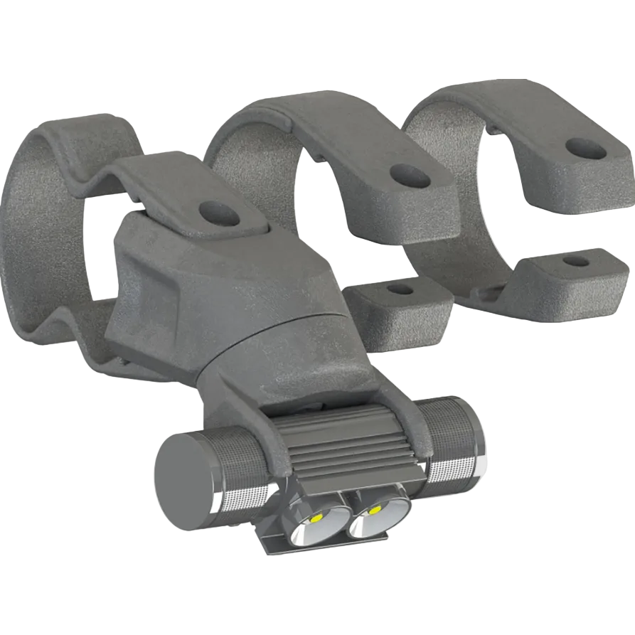 Gray matte plastic mounting brackets with integrated dual-LED light and cylindrical metal sliding lock mechanism.